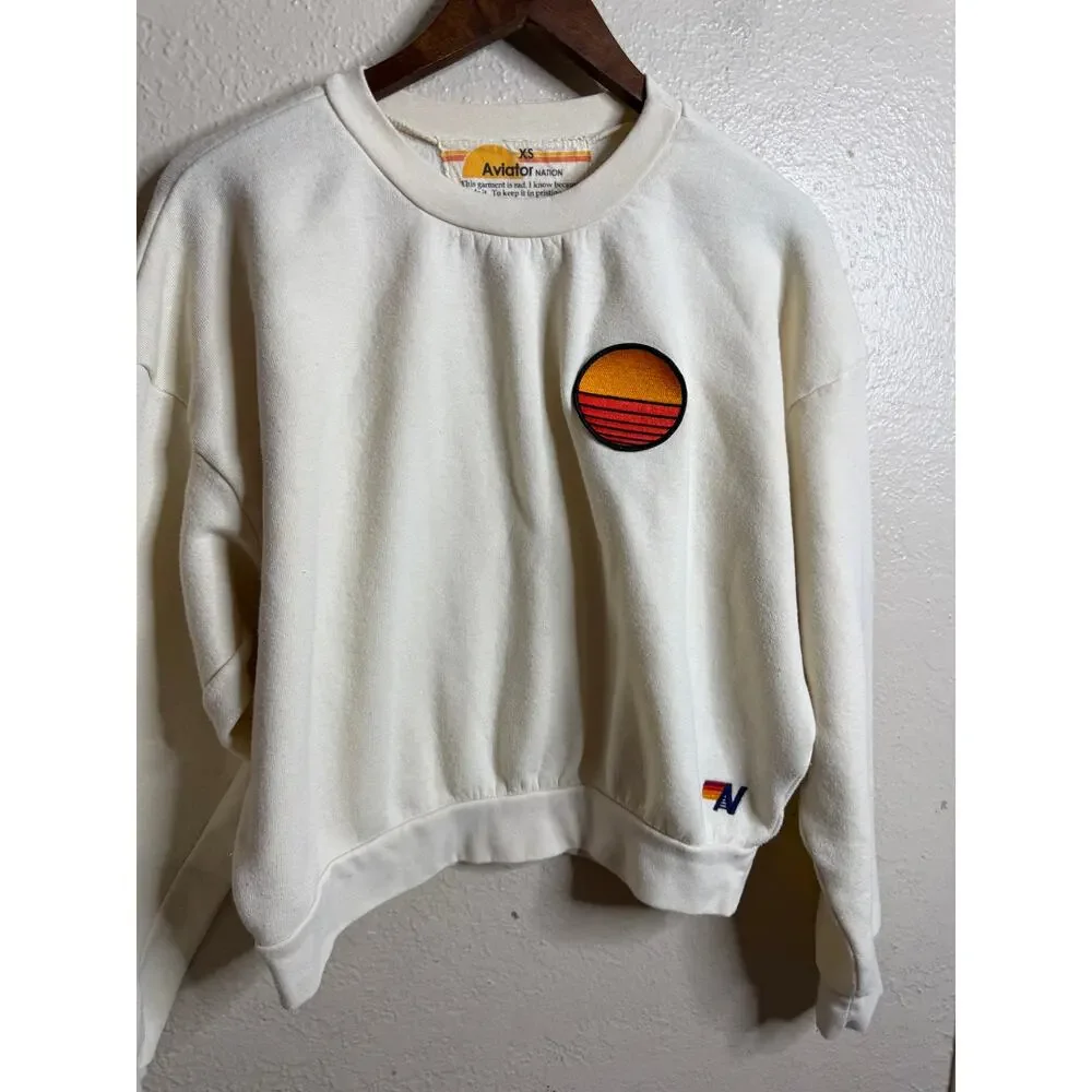 Aviator Nation Sunset Patch Relaxed Crew Sweatshirt size Women XS Ivory